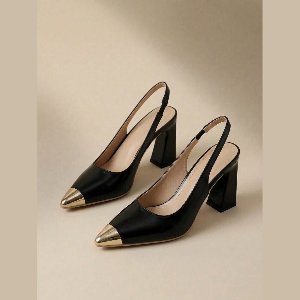 Black Gold Metallic Cap Toe Slingback Chunky Block Heel Pumps